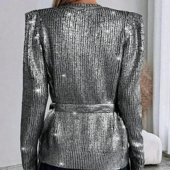 Silver Preppy Women's Color Belted Elegant Cardigan - Picture 3 of 5